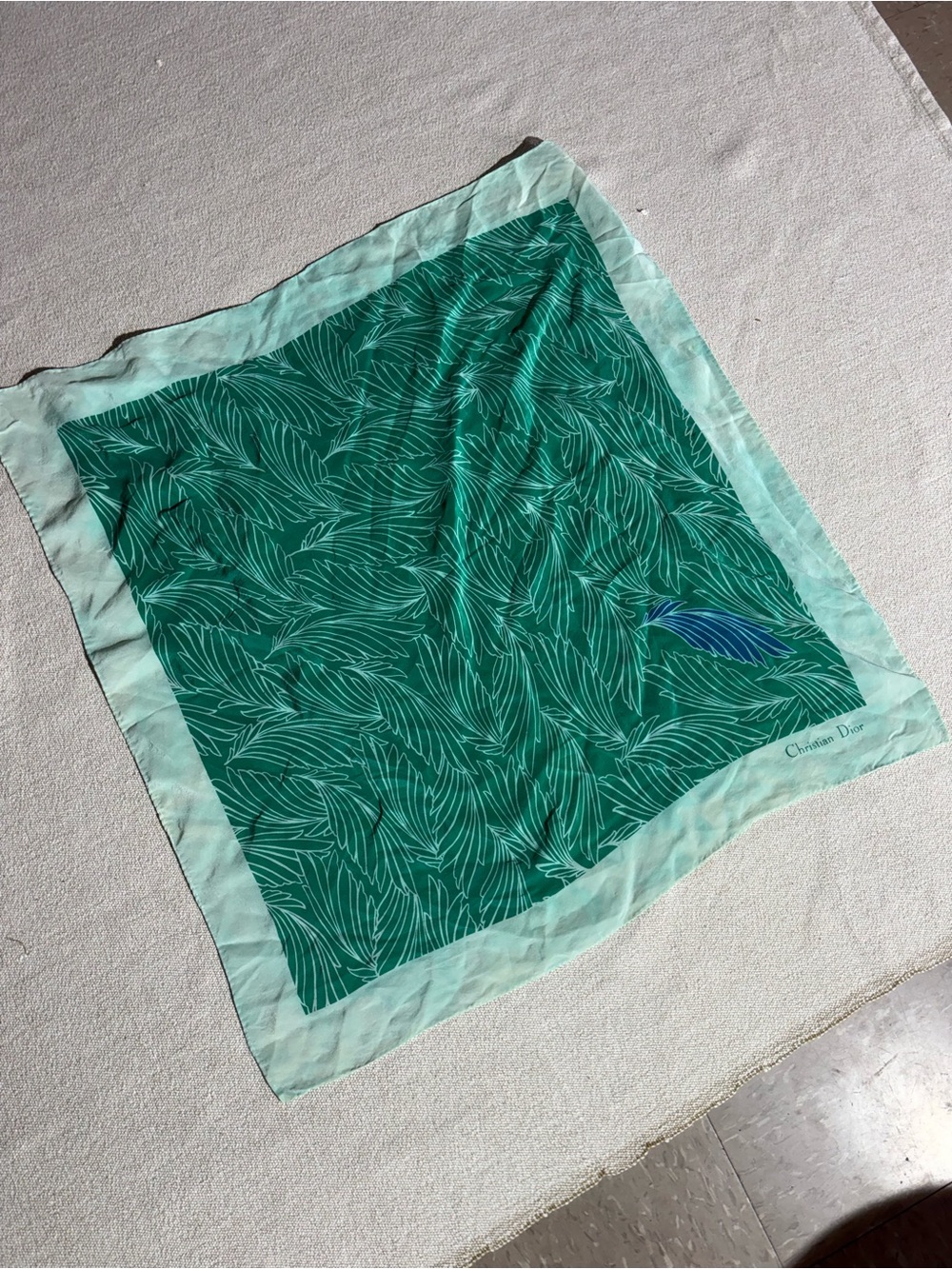 Christian Dior VINTAGE Green Leaf Silk Scarf with a Mint Border